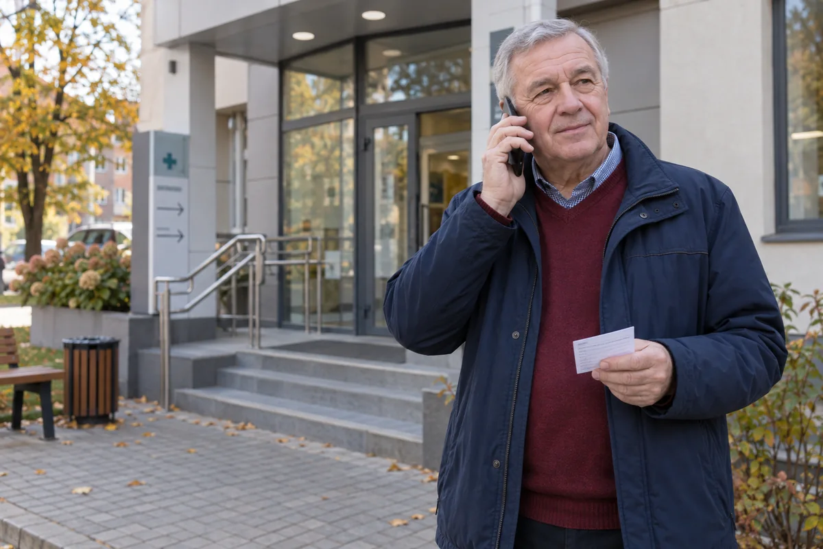 Посетитель звонит в регистратуру у входа в медицинский центр